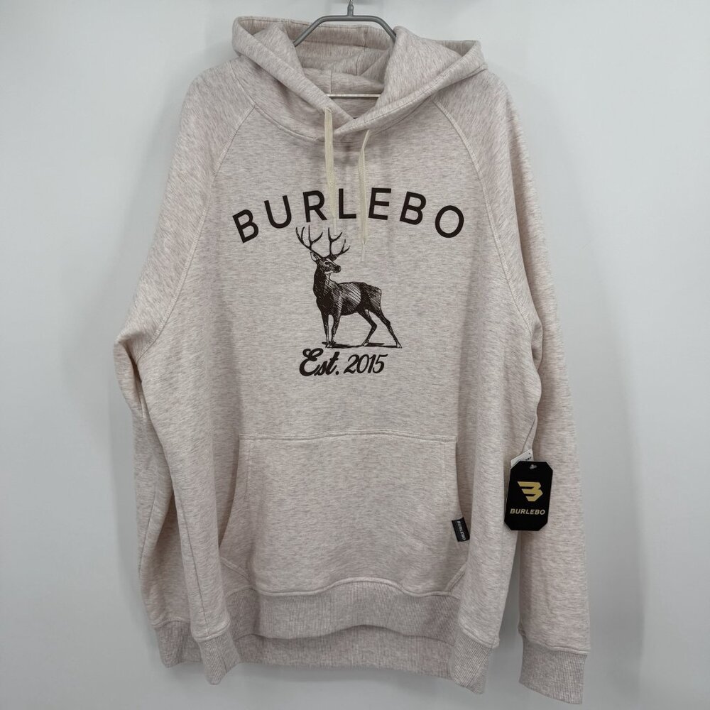BURLEBO Men's Midweight Fleece Hoodie Sweatshirt size L Htr Oatmeal Deer Hunting